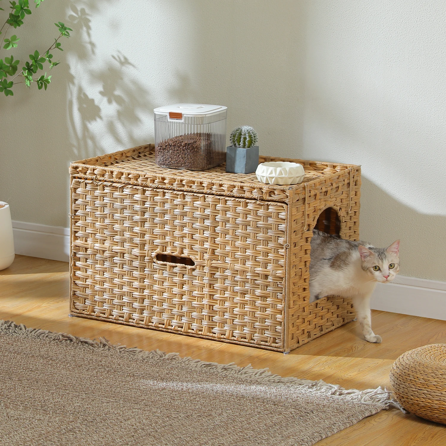 Caja de arena para gatos de ratán con puerta más alta y diseño abatible, alfombrilla con borde elevado más espacio, muebles para gabinete de casa para gatos