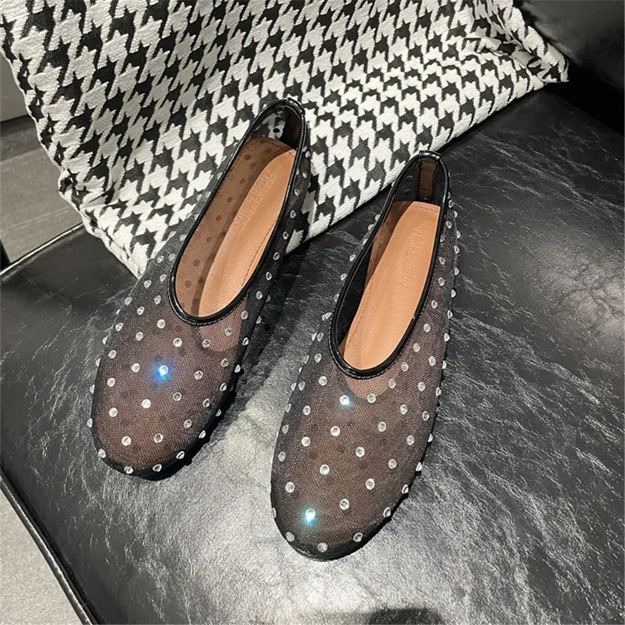 Bailarinas con tachuelas de cristal para mujer, zapatos planos de baile de malla, mocasines informales para conducir y caminar, alpargatas sin cordones para mujer - imagen 5