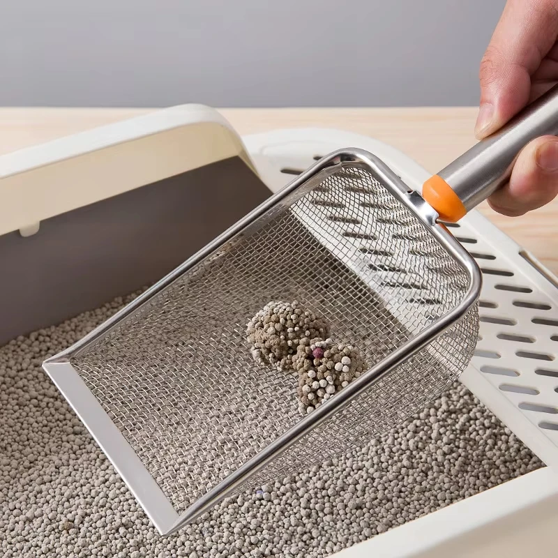 Cuchara de arena para gatos de acero inoxidable, limpiador de arena para gatitos de malla fina, pala antiadherente duradera con orificio para colgar, Herramientas de limpieza para mascotas - imagen 5