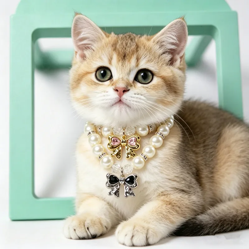 Collar ajustable con perlas imitación y lazo para perro o gato - imagen 3