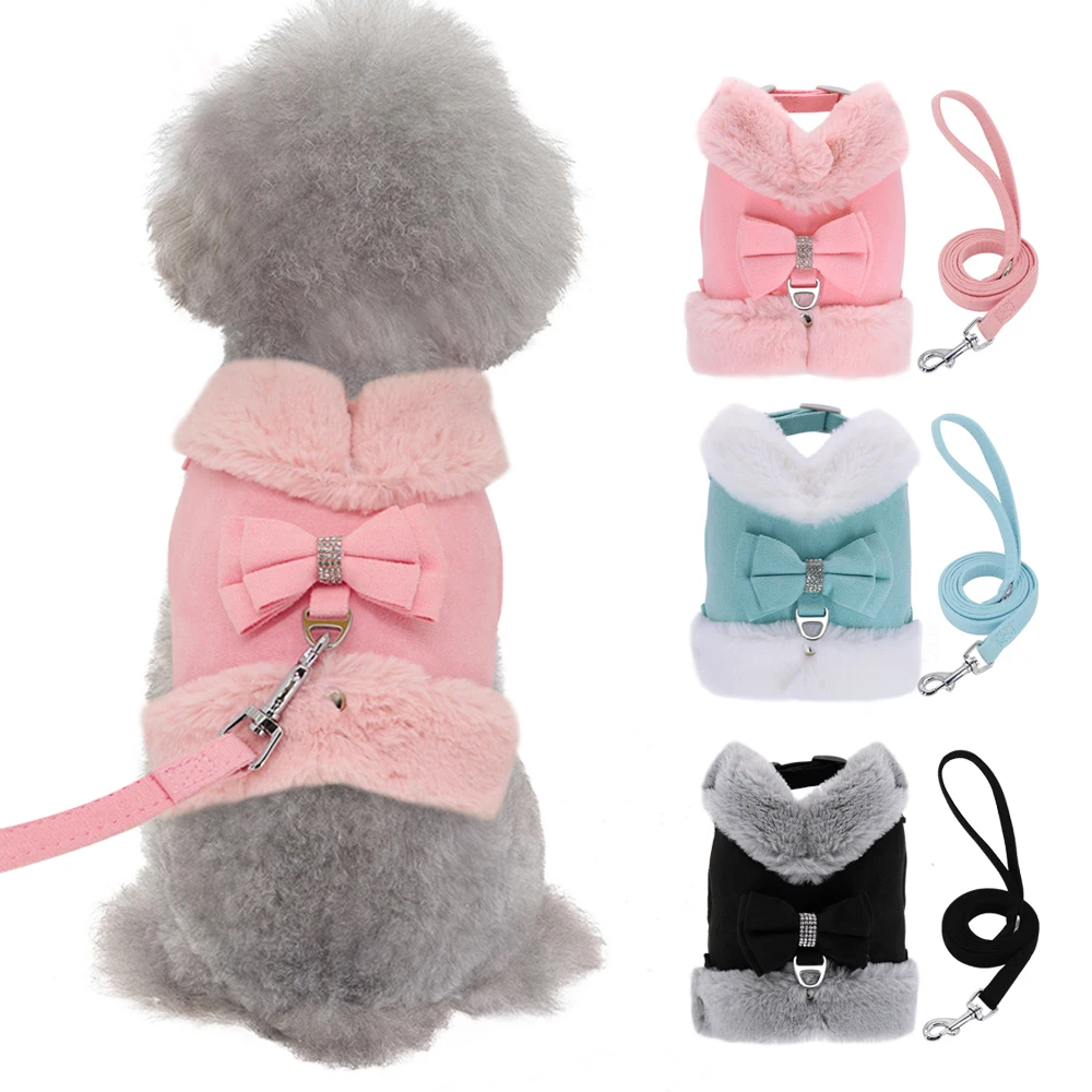 Arnés de invierno para perros, conjunto de correas, arneses cálidos para cachorros y gatos, bonito chaleco con lazo para perros, cuerda de plomo para caminar para perros pequeños, gatos, Yorkshire