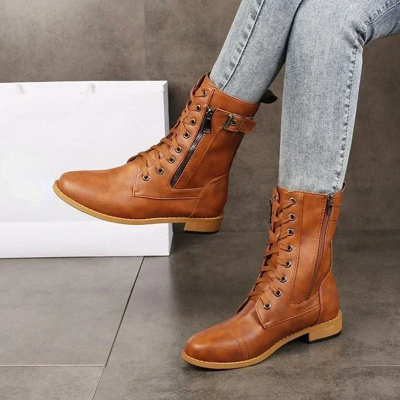 Brand Platform Heel Boots Women High Boots Casual Leather Shoes Autumn Winter  Round-toe Zipper Plus Size Ladies Shoes 2024