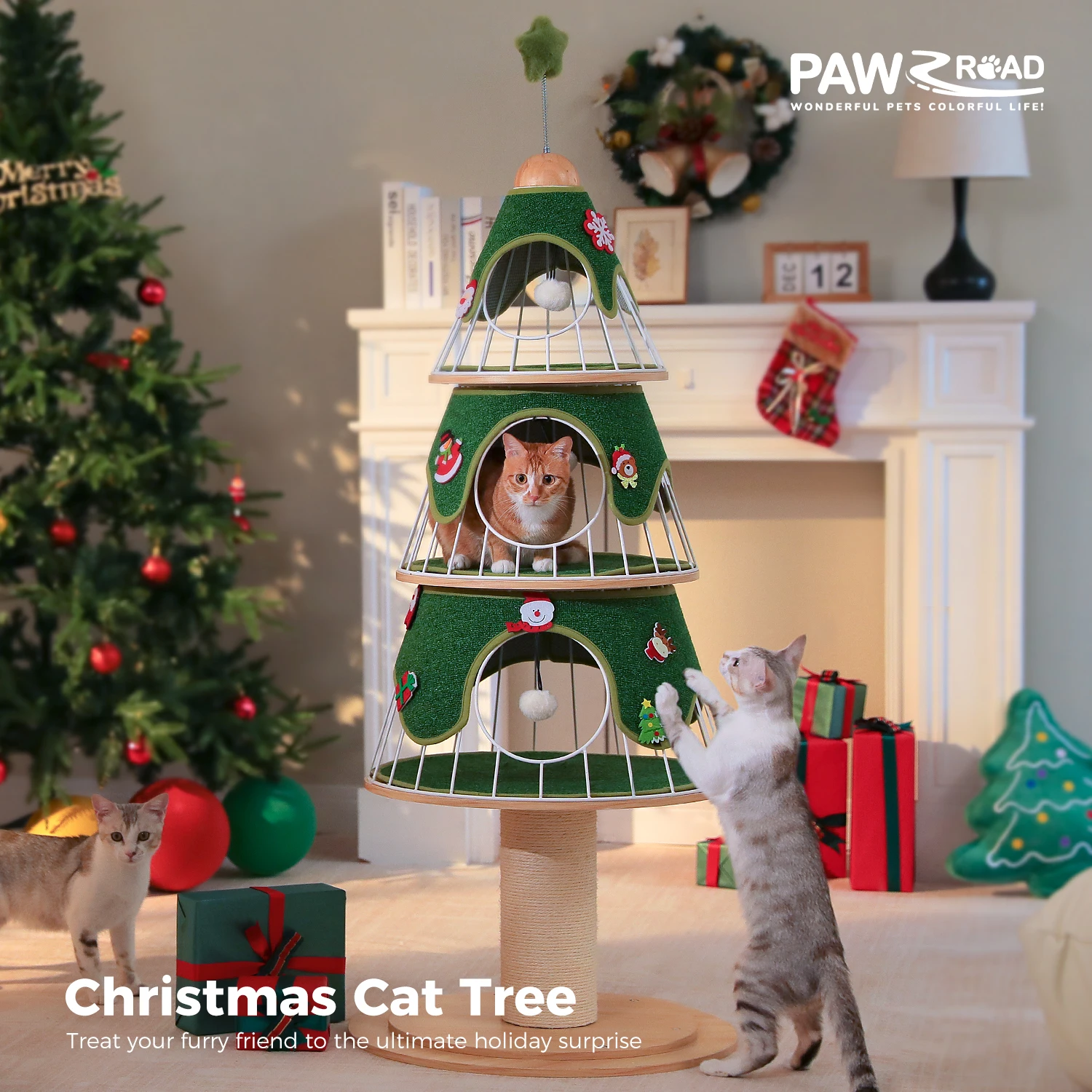 Torre de árbol de Navidad para gatos con 3 condones y pompones acogedores, casa para gatos de varios niveles, cama para gatos de interior, muebles modernos para gatos, juguetes para gatos - imagen 4