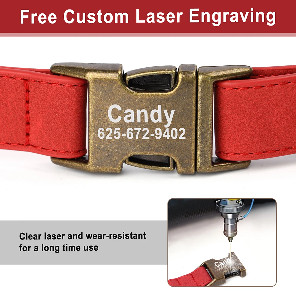 Collar de perro antipérdida personalizado, collares con etiqueta de identificación de perro, collares de cuero PU suave para mascotas, hebilla de Metal grabada gratis para Bulldog - imagen 4
