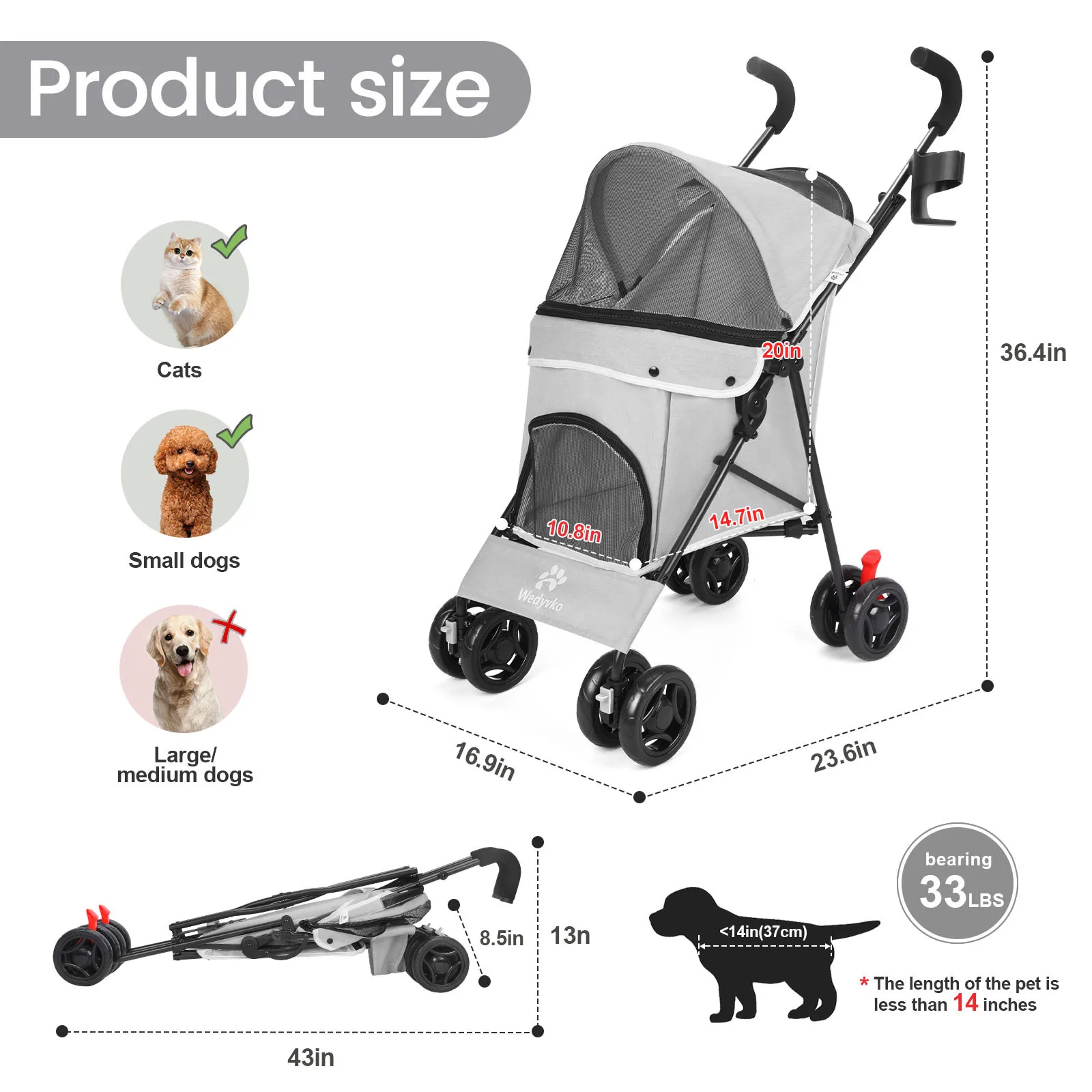 Cochecito plegable para perros y gatos modelo Corgi Teddy - imagen 5