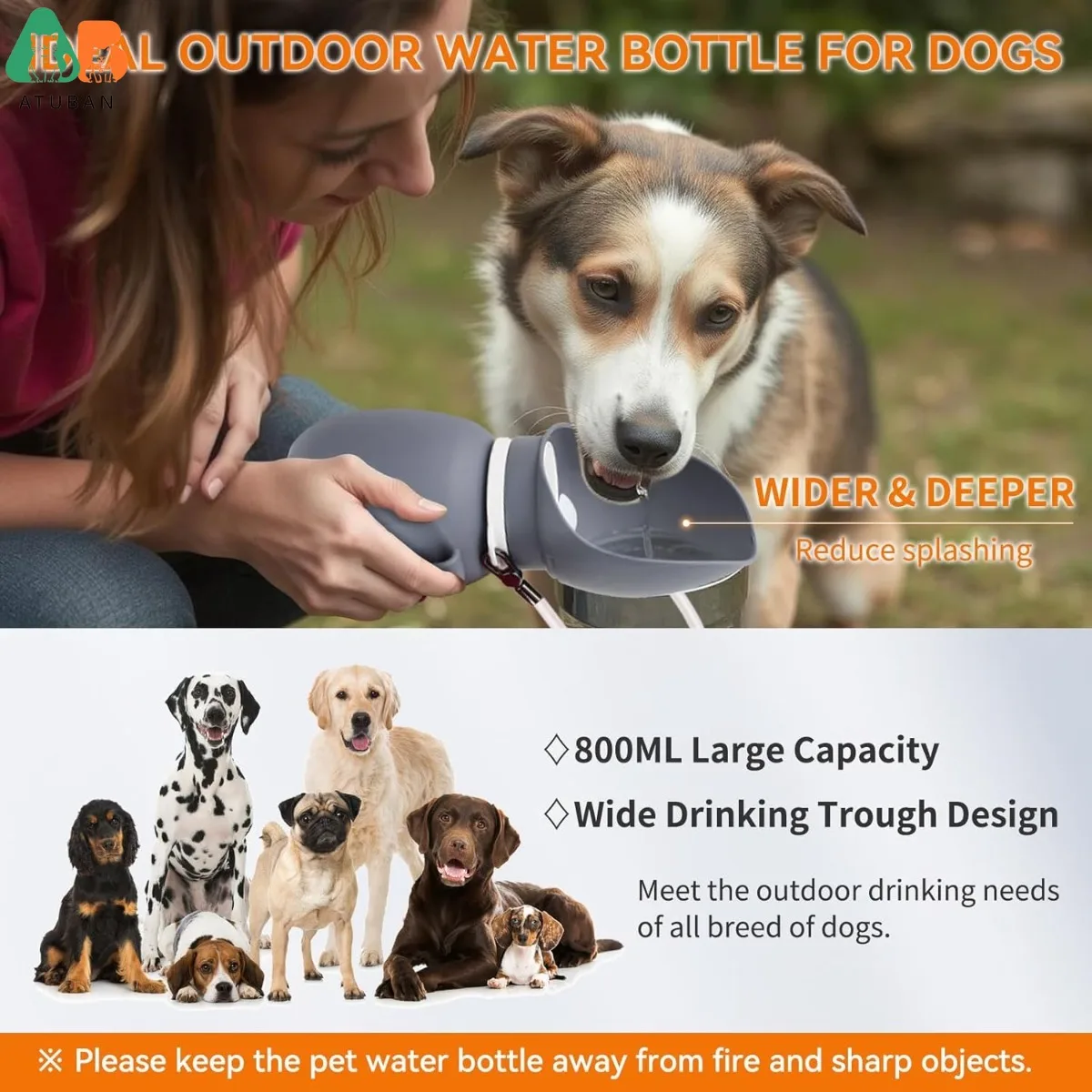 ATUBAN Botella de agua de silicona para perros, plegable y a prueba de fugas 2 en 1, sin BPA, ideal para senderismo, viajes en automóvil y entrenamiento, con mosquetón, 800 ml - imagen 2