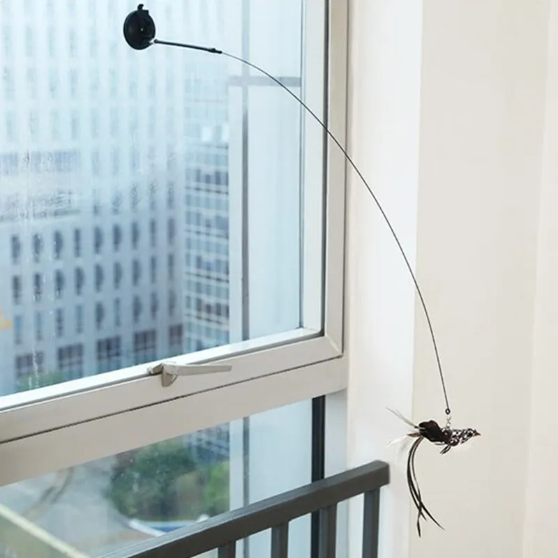 Juguete interactivo para gato con ventosa, juguetes de plumas divertidas, alambre de acero, manos libres, suministros para mascotas - imagen 3