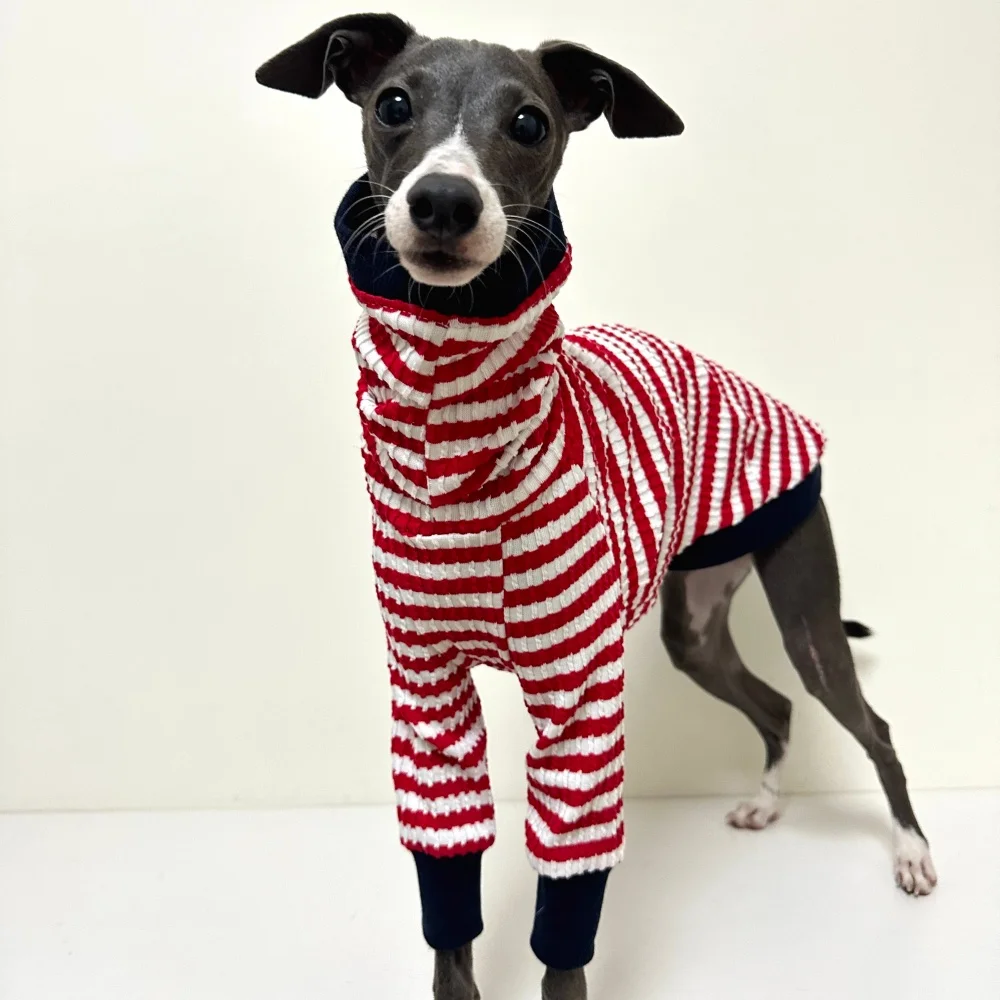 Camiseta de primavera de cuello alto a rayas rojas para perro medio, abrigo de manga larga de algodón elástico para pijamas suaves de galgo italiano Wellington - imagen 2