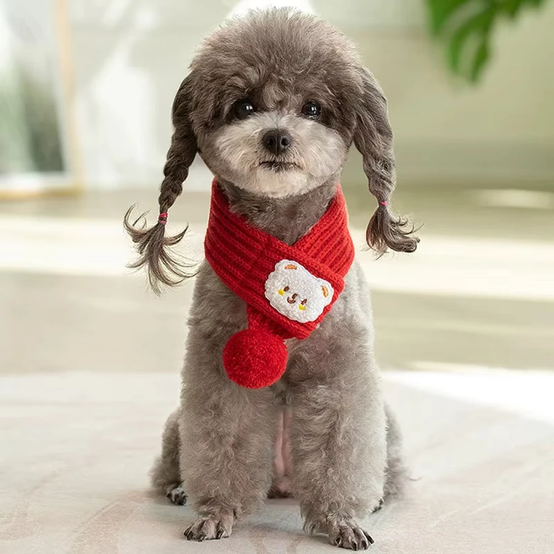 1 Uds. Bufanda tejida para perro, bufandas de punto cálidas para invierno con decoración de cuello de bola, accesorios para perros, pañuelo tejido, bufanda para cuello