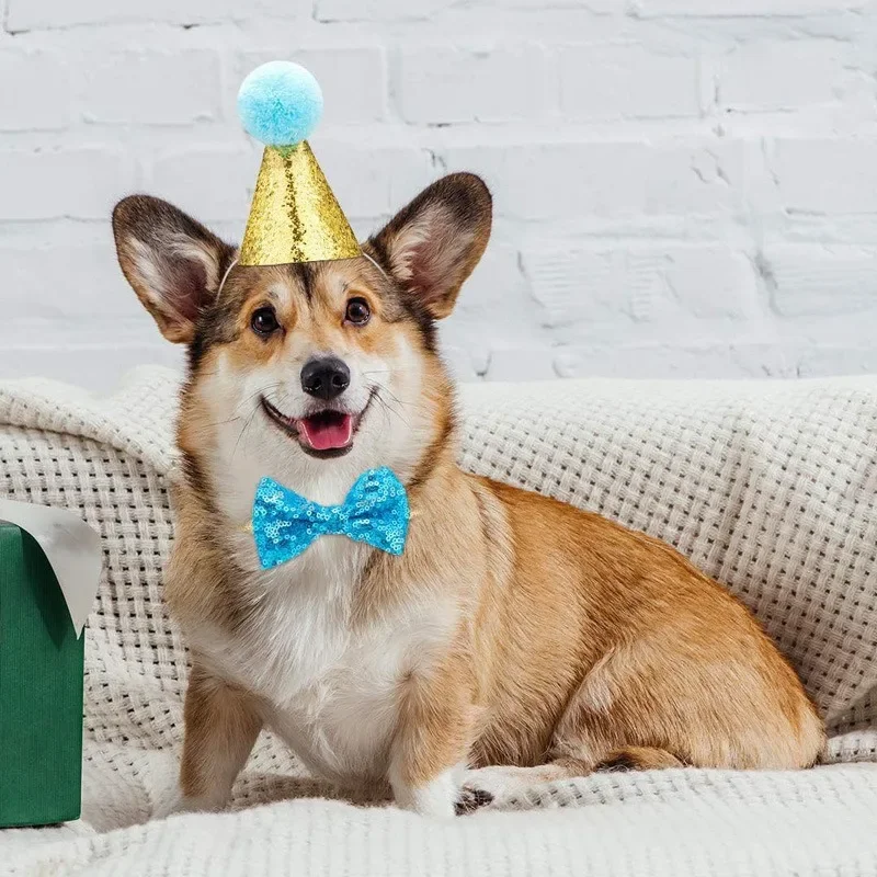 Lindas gorras de cumpleaños para mascotas con lazo, disfraz de gato y perro, sombreros de lentejuelas, sombrero de fiesta de Navidad, accesorios de decoración para mascotas - imagen 2