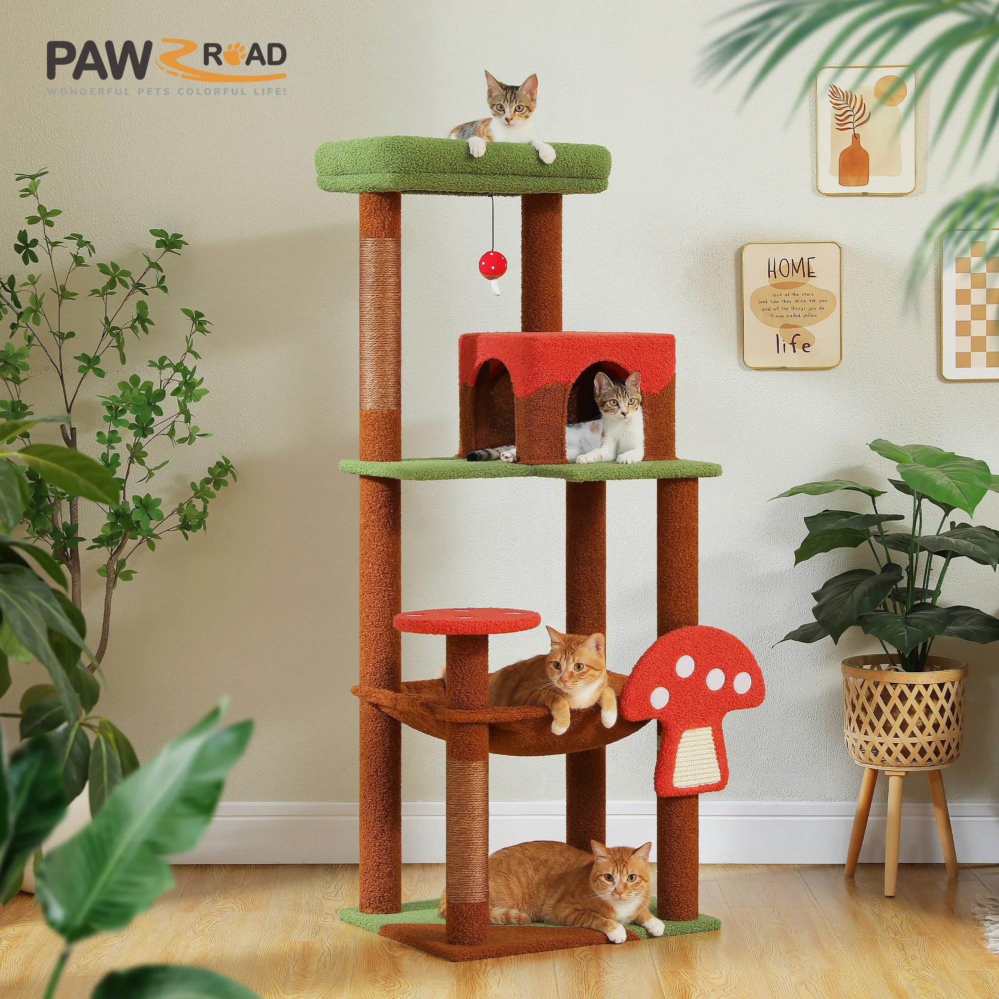 Árbol para gatos de varios niveles con postes para rascar, rascador extraíble, hamaca grande para Condo, torre para gatos con setas para juguetes de interior para gatos