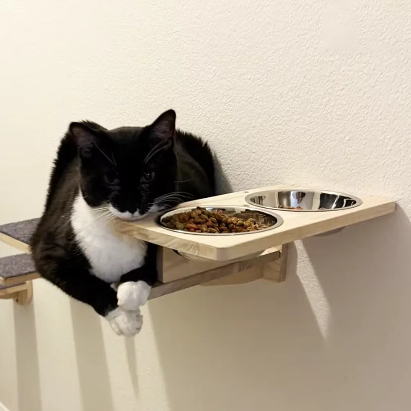 Cuenco para gatos de pared con base de madera Mueble para mascotas de pared 15 °   Cuenco elevado para mascotas con inclinación de acero inoxidable - imagen 2