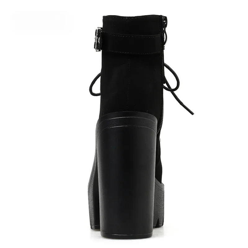 Botas con cordones para mujer, botas con plataforma y hebilla, zapatos de invierno, botas de otoño de tacón grueso con cremallera, correa en el tobillo, góticas de ante negro - imagen 3