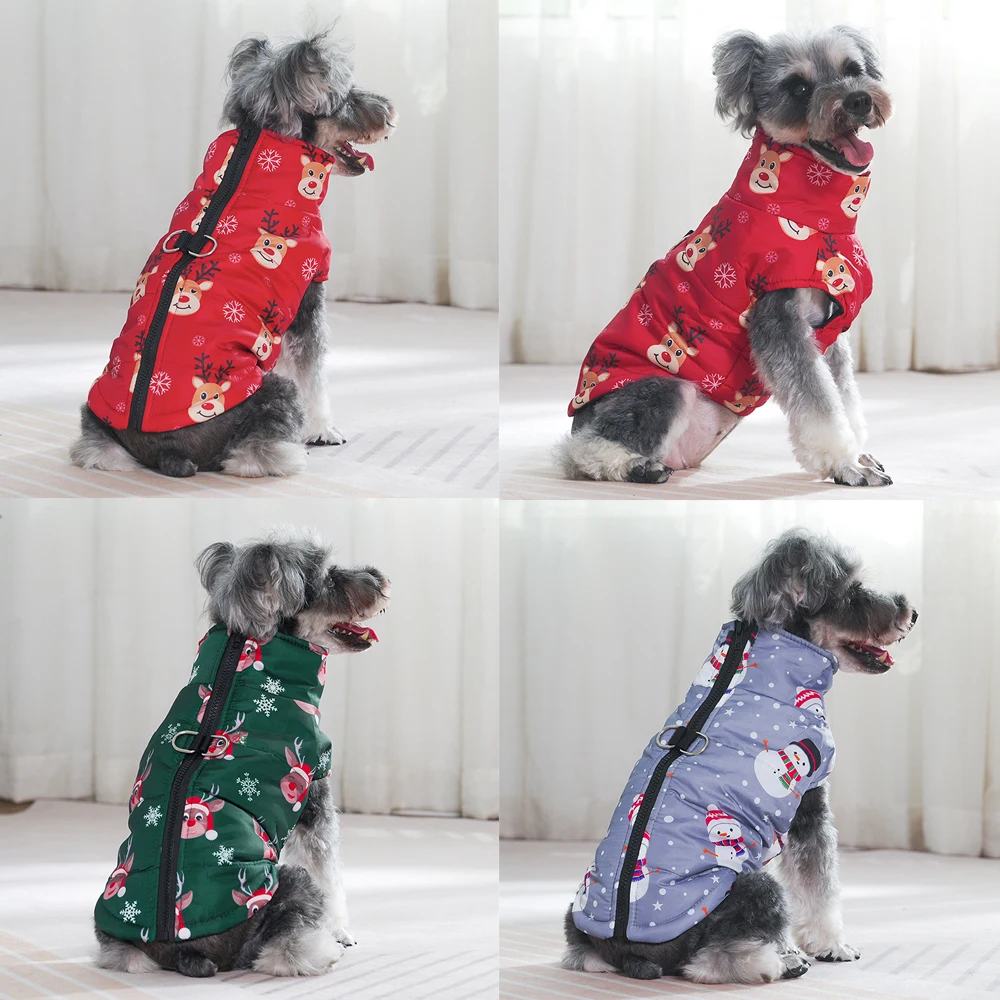 Chaqueta de invierno para perros, disfraz de Navidad para perros pequeños y medianos, abrigo divertido con estampado de ciervos navideños para cachorros con anillo en D Chihuahua - imagen 5