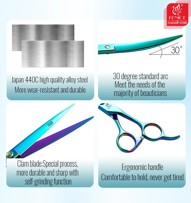 Fenice-Tijeras de belleza para perros JP440C, juego de tijeras rectas, curvadas, más delgadas y gruesas, de acero, 7,5 pulgadas - imagen 2