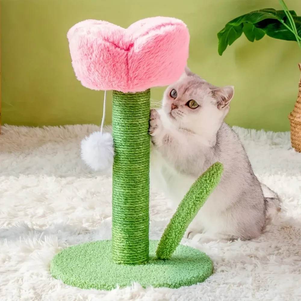 Tirador para gatos con flor de tulipán, rascador pequeño para gatos de interior con cama de flores, poste rascador para gatos con bola colgante - imagen 5