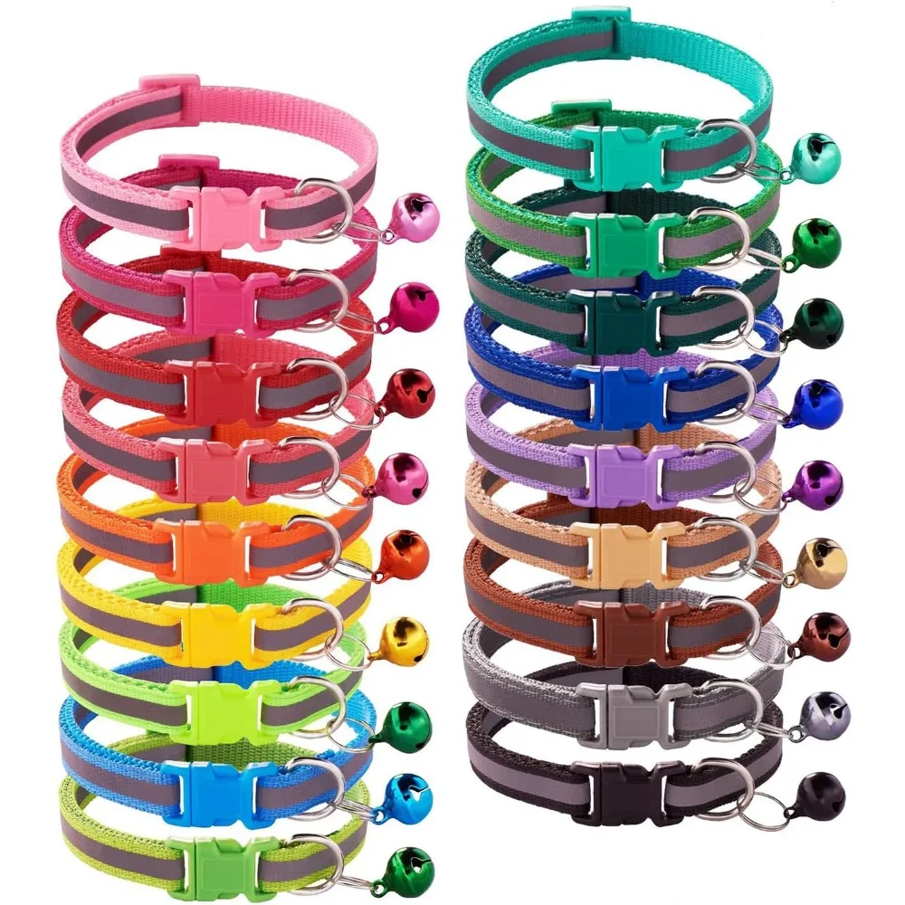 Collares reflectantes para cachorros, collares de identificación para gatos y mascotas con campana, ajustables, de nailon suave, de liberación rápida, para perros y gatitos, 19-32cm