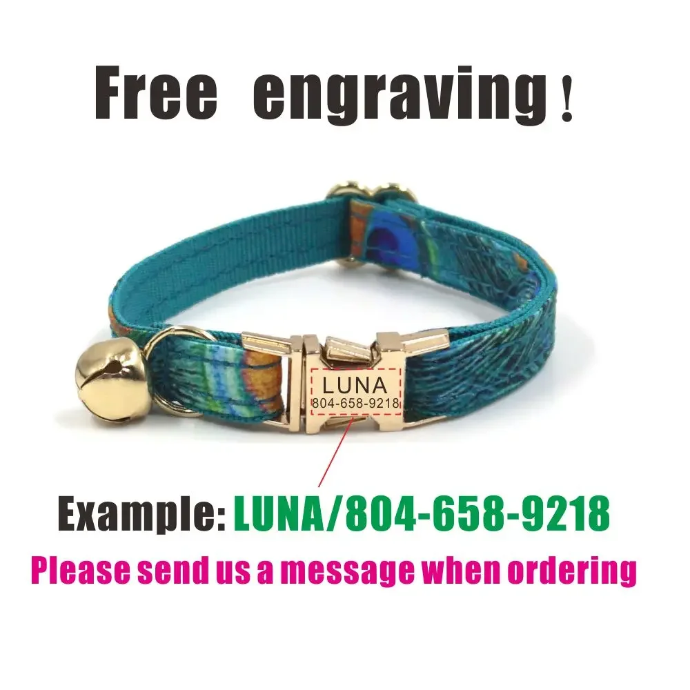 Collar de gato personalizado, contactos de nombre de identificación personalizados, hebilla de metal, collares de gato de plumas de pavo real ajustables con campana - imagen 4