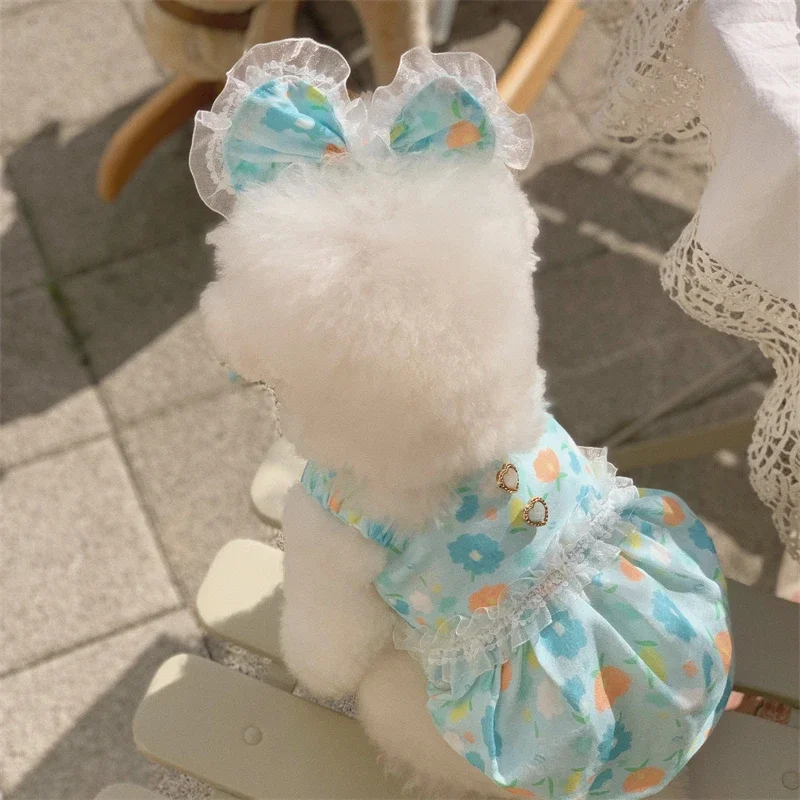 Ropa de encaje azul para perros, vestido azul con estampado Floral, vestido de lujo con botones de perlas y tocado para perros pequeños, ropa para cachorros