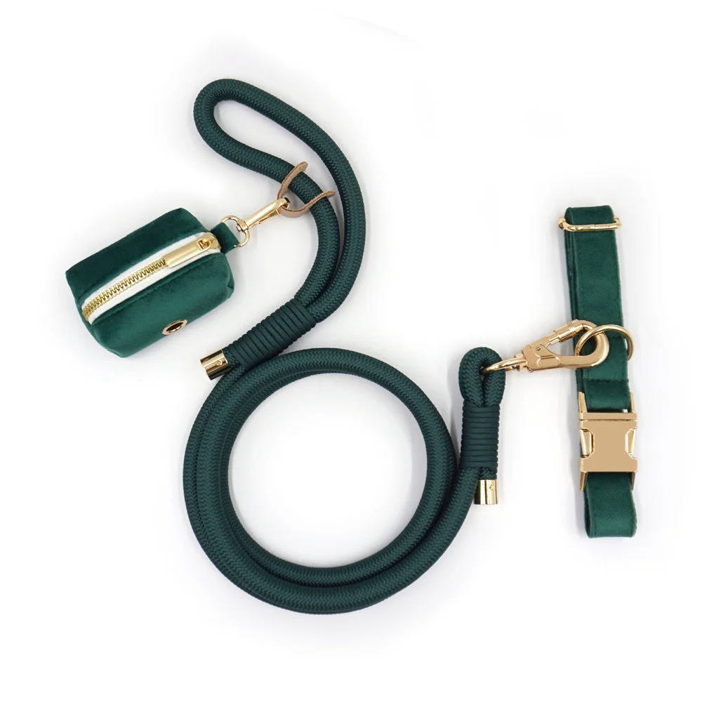 Collar y correa para perro personalizados de terciopelo verde esmeralda de primera calidad, Collar de regalo de lujo para perro ajustable suave con nombre, plomo duradero