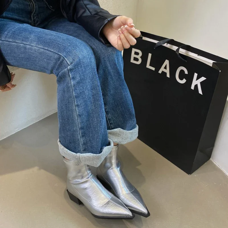 Pointed Toe Women Ankle Boots Fashion Thick Heel Slimming Short Booties Autumn Winter Soft Leather Female Shoes - imagen 2