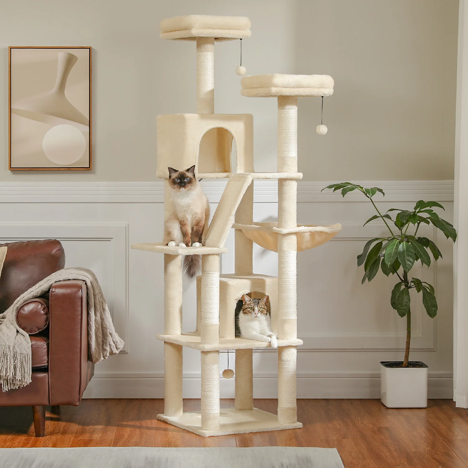 Árbol para gatos de varios niveles de lujo, 180cm, condón de felpa, 6 postes para rascar, 2 tablas, perchas, cuádruplas, pompones de hamaca para felinos activos - imagen 5