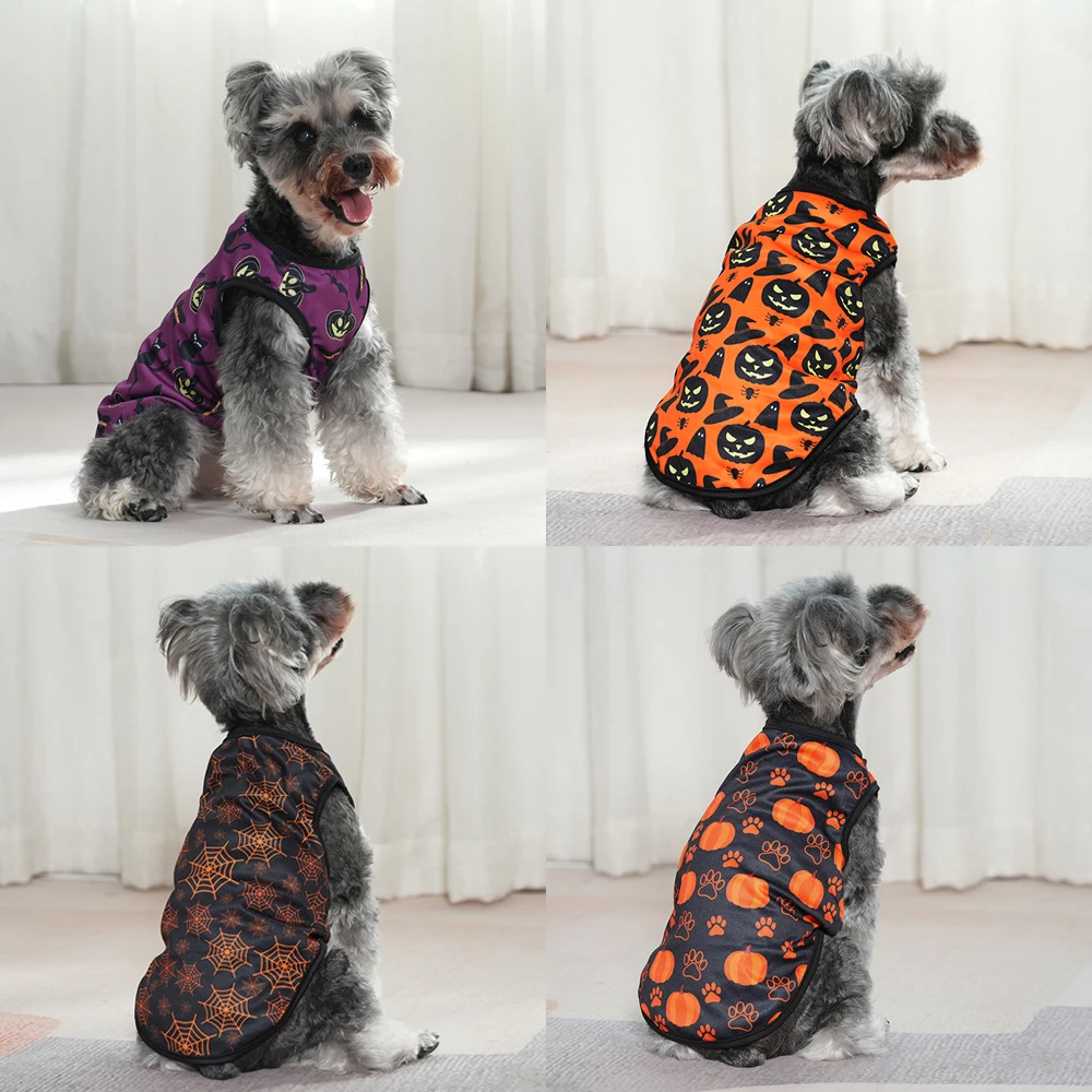 Disfraz de perro de Halloween, ropa para perros pequeños y medianos, estampado de calabaza, divertida camiseta para cachorro y gato, trajes finos transpirables para Chihuahua y Pug - imagen 5