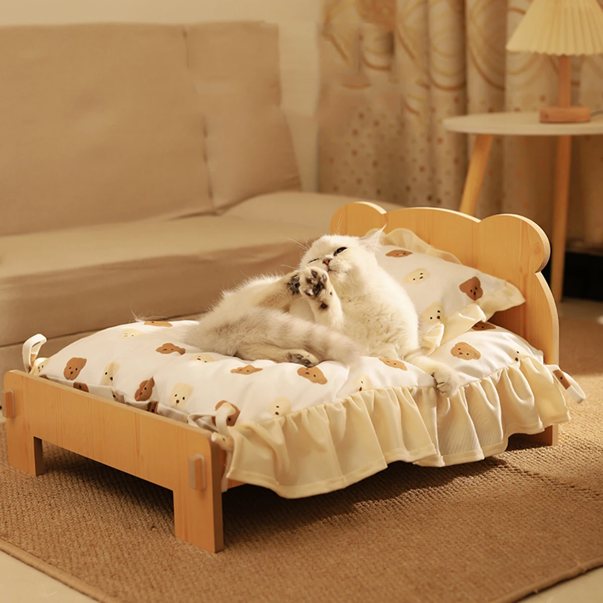 Cama de madera para mascotas, arena para gatos, cama para perros, gatito de aterrizaje Universal para las cuatro estaciones, cuna de peluche lavable extraíble de madera, accesorios para el hogar - imagen 4