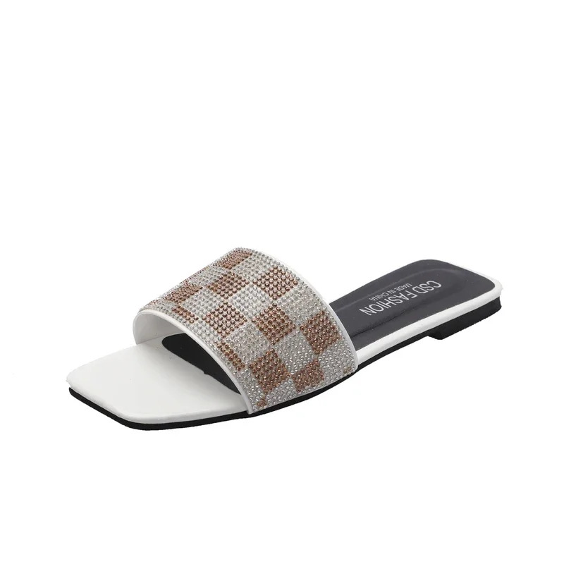 Zapatillas de tacón plano a cuadros para mujer, chanclas de diseño de lujo con diamantes de imitación, zapatos de talla grande, 2024 - imagen 3