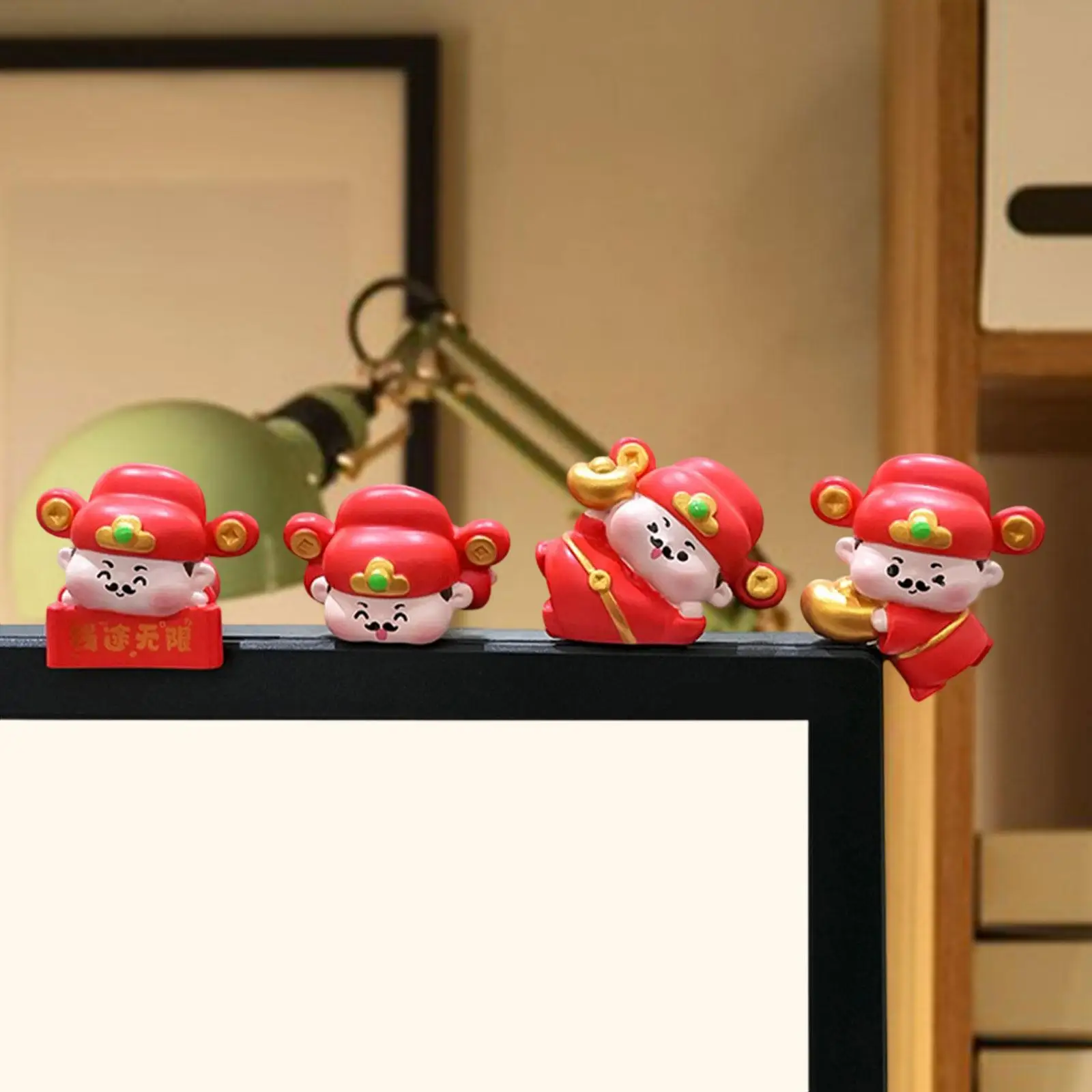 4 Pieces Mini God of Wealth Statues Creative Funny Small Sculptures Computer Monitor Decoration Ornaments for Desk Home Desktop