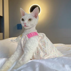Vestido de verano para gato Sphynx – Rosa con lunares y collar