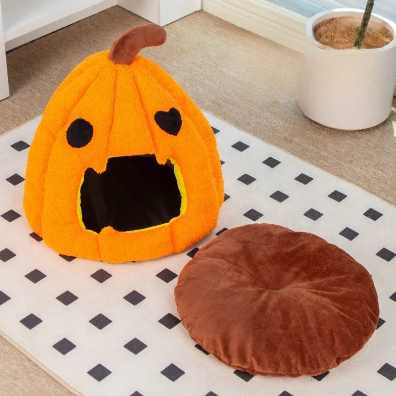 Cama cálida para gatos semicerrada calabaza Halloween otoño invierno - imagen 5