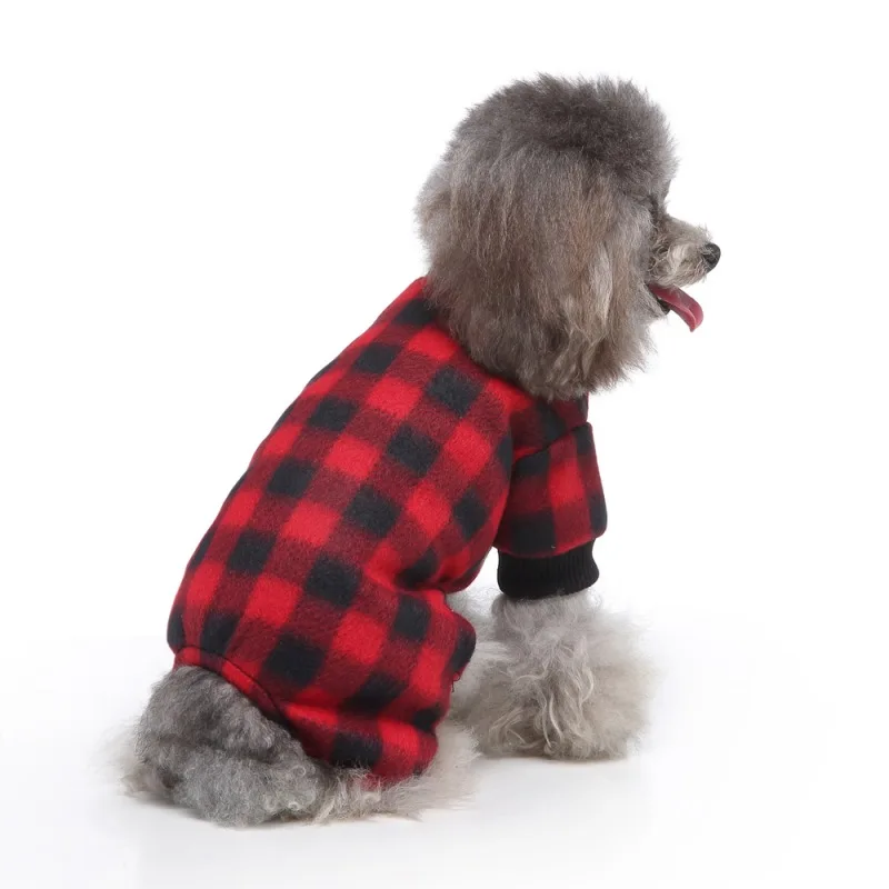 Pijamas para perros, pijamas de invierno a cuadros de felpa para mascotas, ropa para el hogar, ropa cómoda para cachorros de cuatro patas, ropa roja y negra para perros pequeños y medianos y gatos - imagen 3