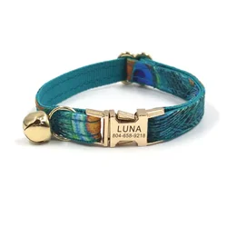 Collar para gato con campana - Plumas de pavo real e identificación personalizada