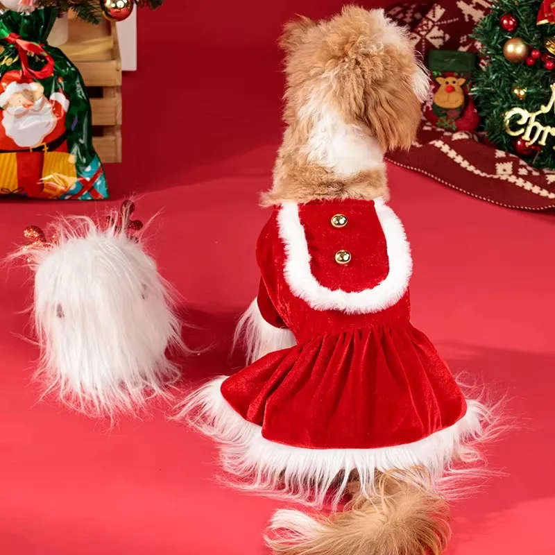 Traje cálido de invierno de terciopelo para mascotas, conjunto de disfraz de perro de Papá Noel S-XL con barba y vestido de reno, - imagen 4
