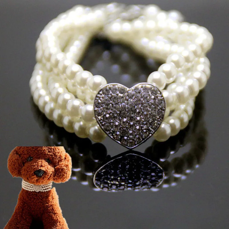Collar de perro de lujo, accesorios para perros rosa, blanco y azul, cuatro filas de perlas, diamantes de imitación, Collar de corazón, collares de joyería para gatos y perros