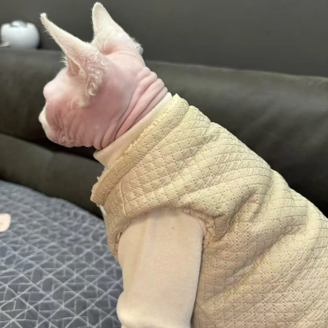 Sudadera gruesa de vellón sólido Traje de chaqueta para Sphynx Invierno cálido manga larga Chaleco de cárdigan caqui para gato sin pelo en otoño - imagen 4