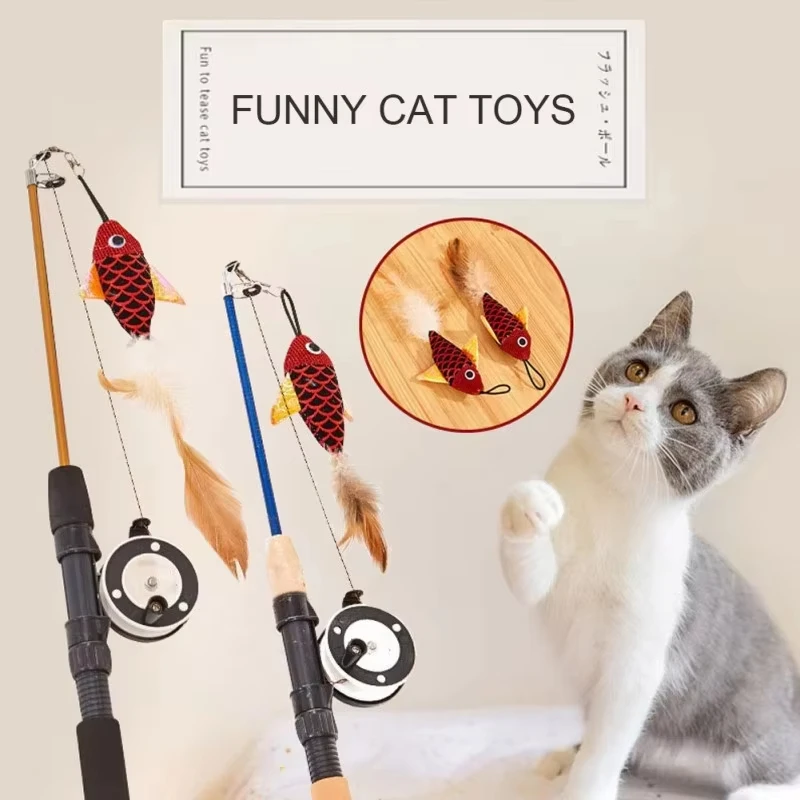 Varita de plumas de palo, juguetes interactivos para gatos, caña de pescar telescópica en forma de pez, suministros de juguete para gatos, juguetes para gatos de Color aleatorio - imagen 4