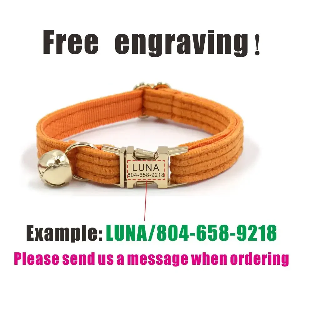 Collar de gato personalizado, placa de identificación personalizada, hebilla de Metal, collares de gato de pana naranja ajustables con campana - imagen 4