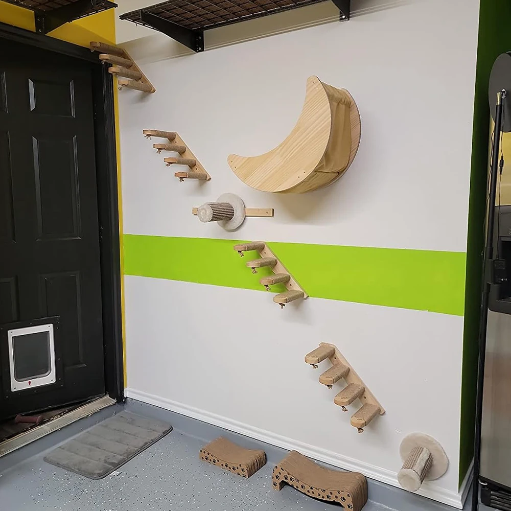 Estantes de escalada de madera para gatos, puente para gatos, hamaca para gatos con escalera de Sisal para jugar y dormir, poste para rascar, garras de molienda - imagen 3