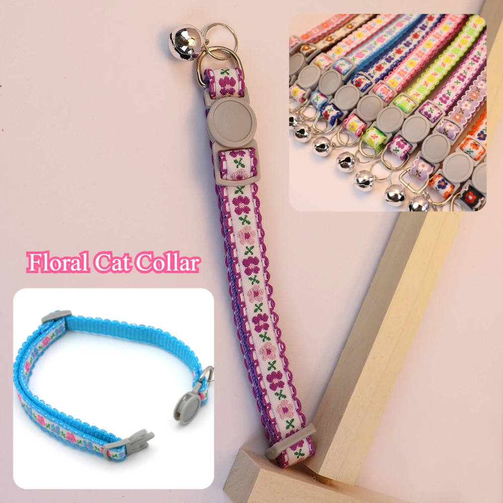 Collar de gato bordado floral con campana - Collar de seguridad de encaje ajustable para gatitos, collar retro hecho a mano para mascotas