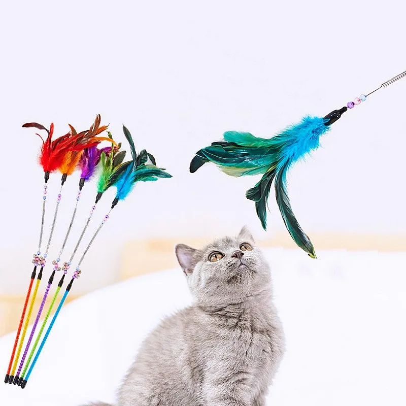 Cat Toy Feather Cats Sticks Teaser Cat Toys Interactive Spring Handle Kitten Toys with Bell Training Cats Stick Toy Pet Supplies - imagen 3