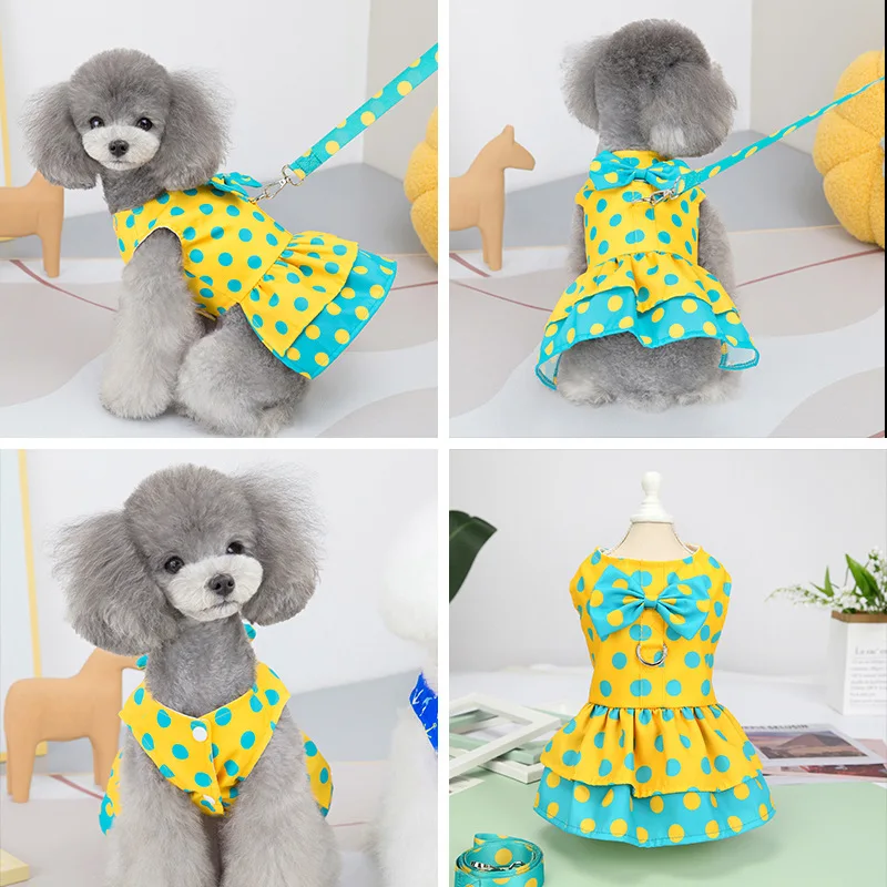 Conjunto de vestido y correa con arnés para perros pequeños, ropa para cachorros, lunares azules, amarillos, lazo de lujo, vestido para perros Chihuahua, verano - imagen 5