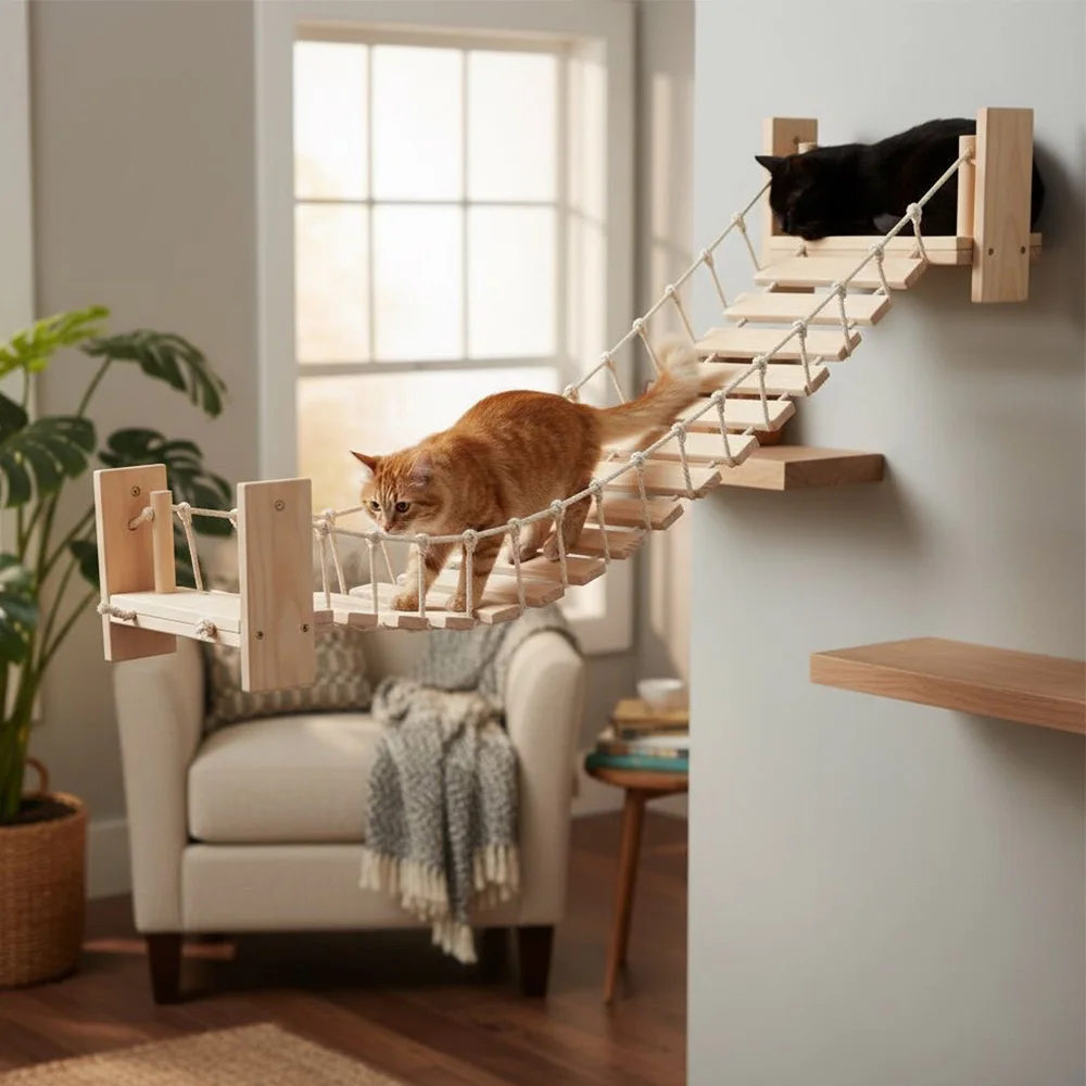 Puente de cuerda para gatos montado en la pared de 1m, pasarela colgante para gatos con cuerda y puente colgante de madera para gatos de interior, estantes para gatos y gatitos - imagen 3