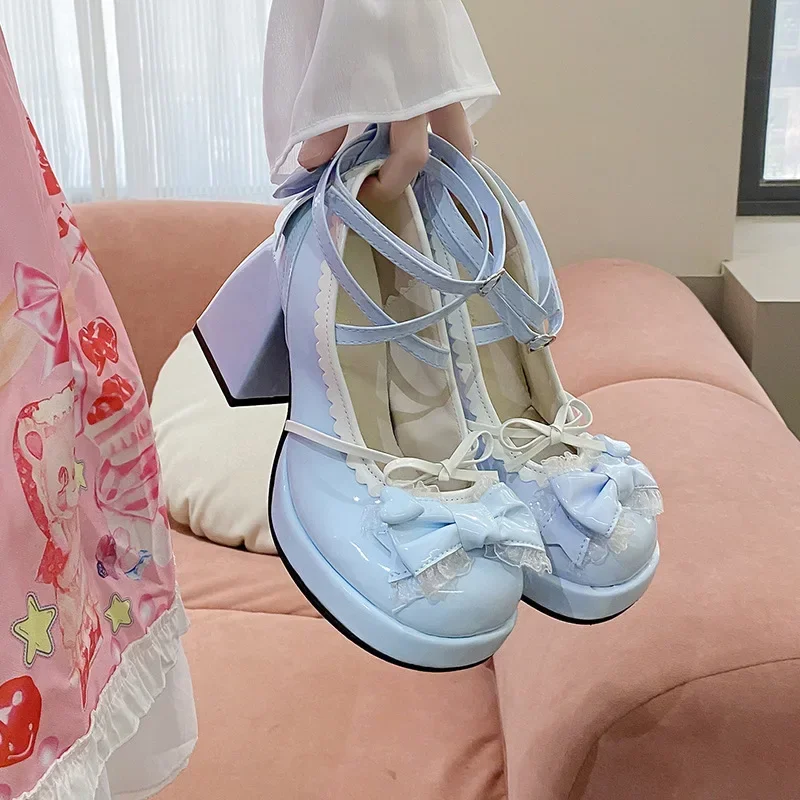 Tacones altos de tacón grueso azul, bonitos zapatos de mujer con nudo de lazo, zapatos planos de verano con plataforma a prueba de agua de Lolita dulce, mocasines con punta redonda - imagen 4