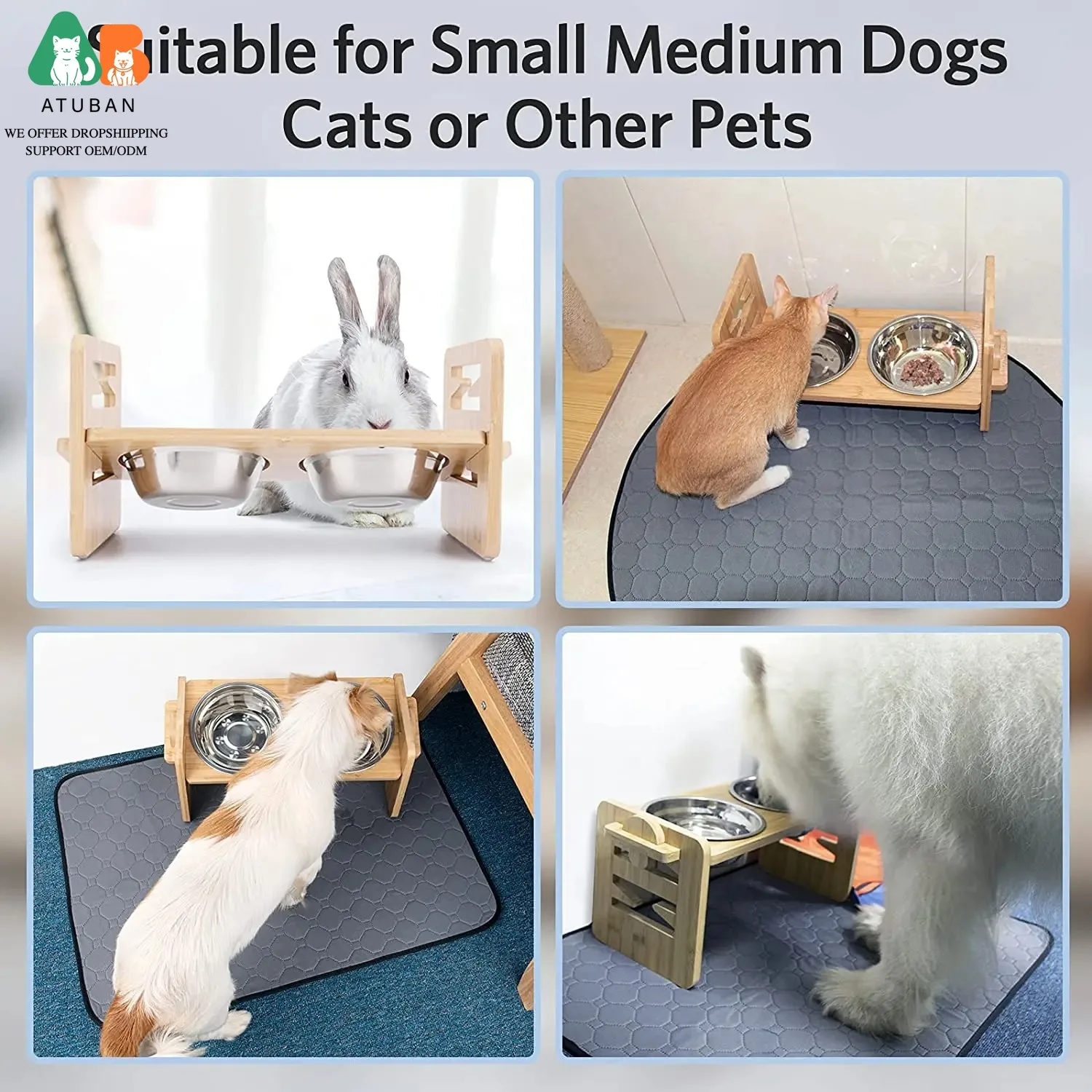 Comedero elevable de bambú con soporte regulable para perros y gatos - imagen 3