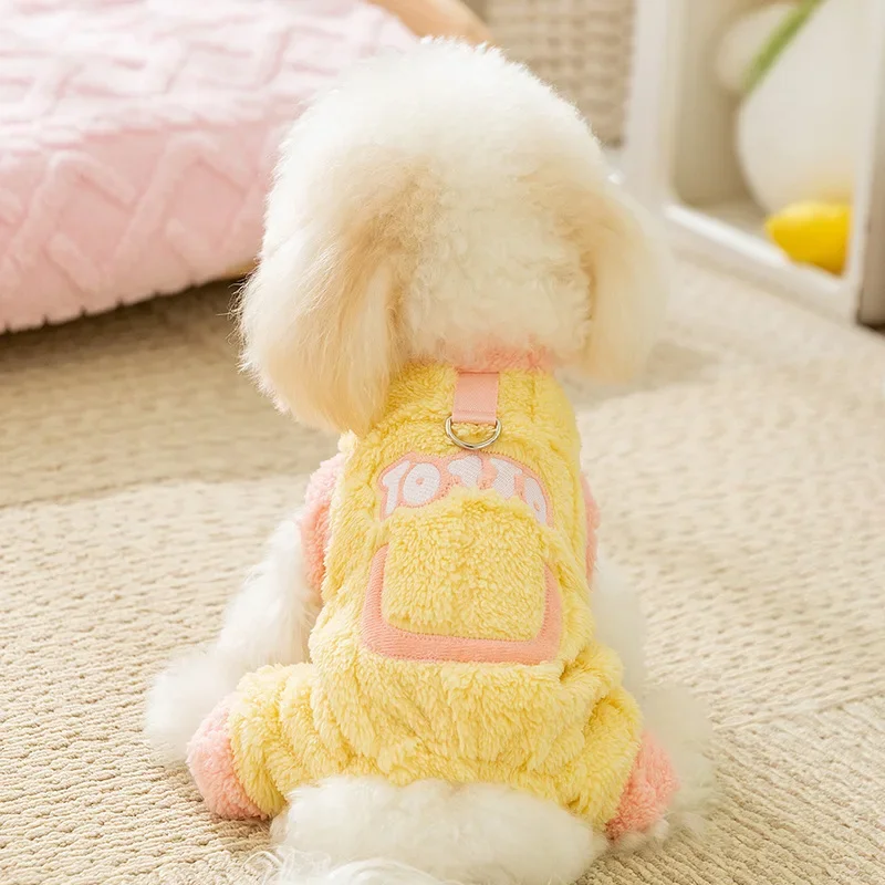 Bonito roupas para cães inverno quente macaron adesivo tracionável roupas de quatro pernas pequeno cão gato animal de estimação velo gato camisola produtos para animais de estimação - imagen 2