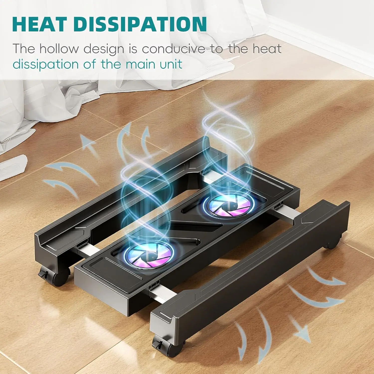Soporte de torre ajustable para ordenador con ventilador de refrigeración, soporte para CPU móvil, 4 ruedas rodantes, carrito de suelo para PC, elevador de PC debajo de la CPU de escritorio - imagen 3