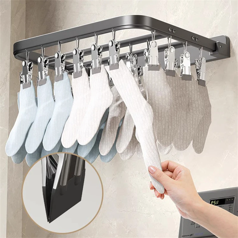 BEISHI-estante de secado de calcetines de aluminio plegable montado en la pared, Clips a prueba de viento, pinza para ropa, toalla, sujetador, colgador de ropa, accesorios de baño - imagen 2