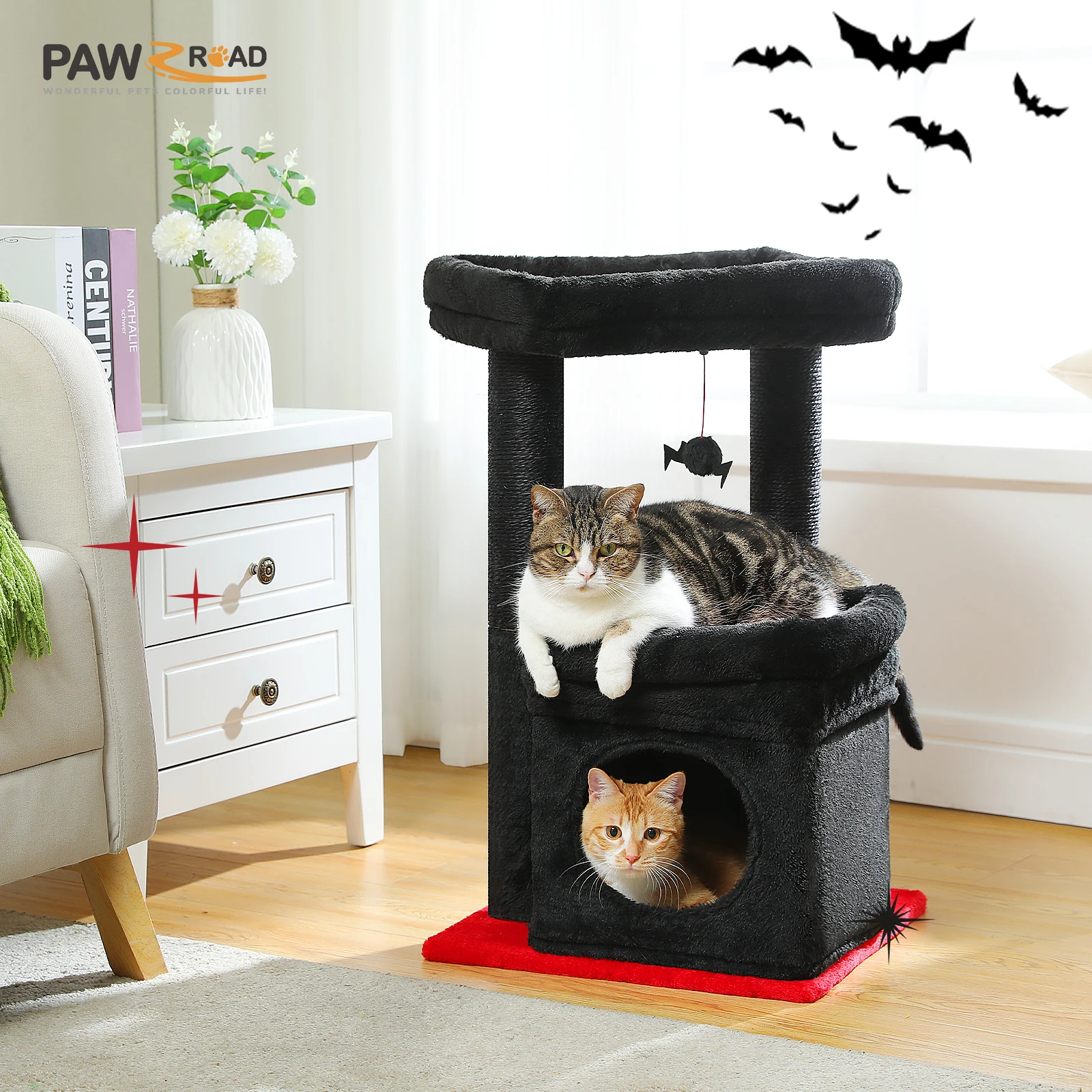 Torre para gatos con condo acogedor, perca superior ancha, postes de sisal natural, felpa suave, pompón juguetón adecuado para 1-2 gatos de interior - imagen 4